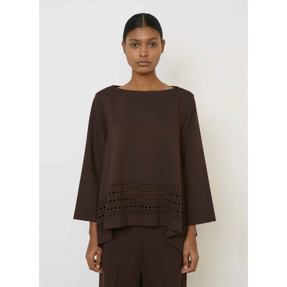 NEW MEIMEIJ open neck flowy laser cut trim top in burgundy